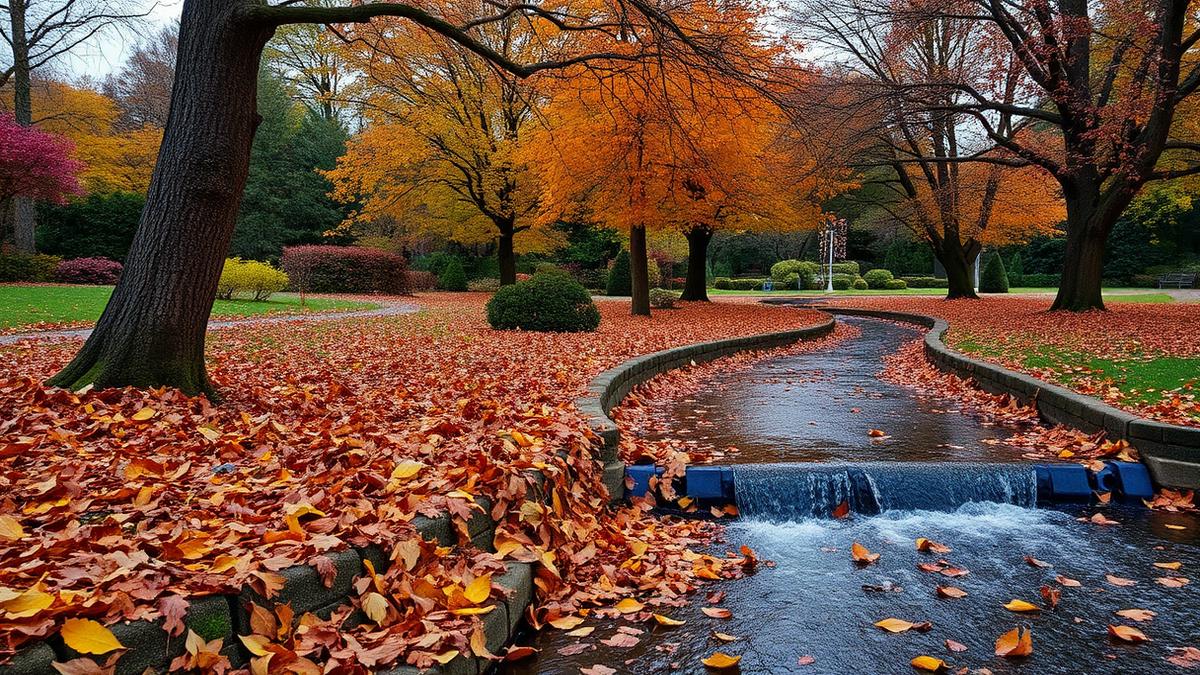 Allée de jardin couverte de feuilles mortes orangées en automne