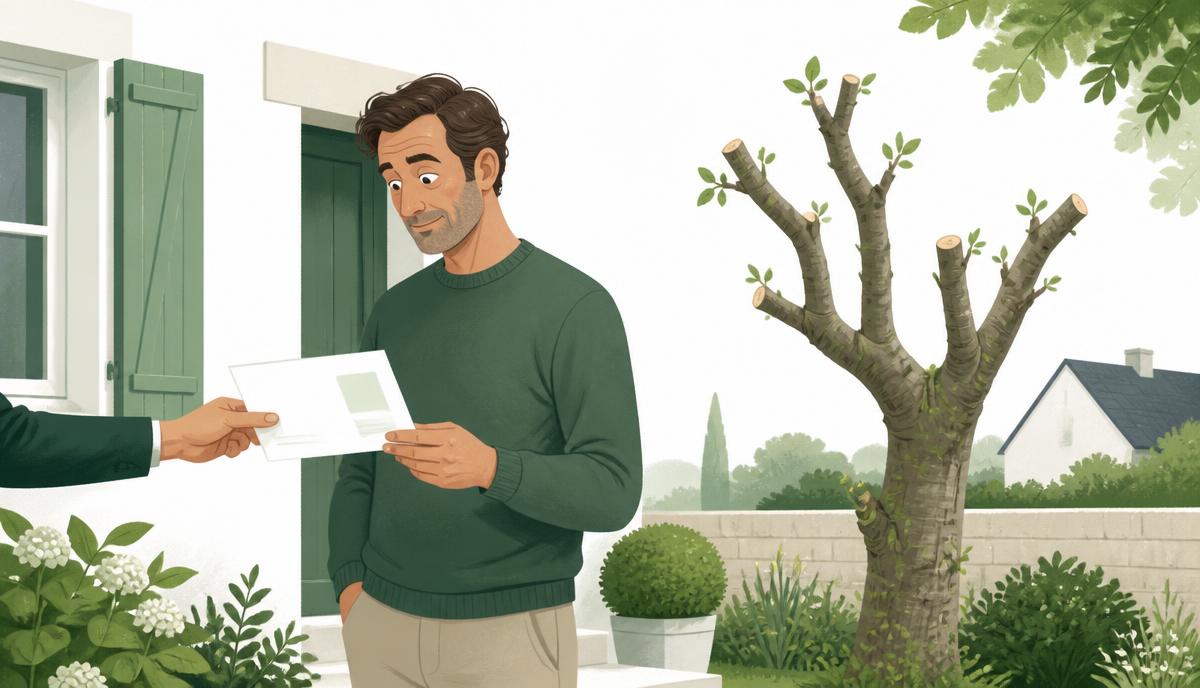 Propriétaire recevant un document fiscal à côté d'un arbre taillé dans son jardin