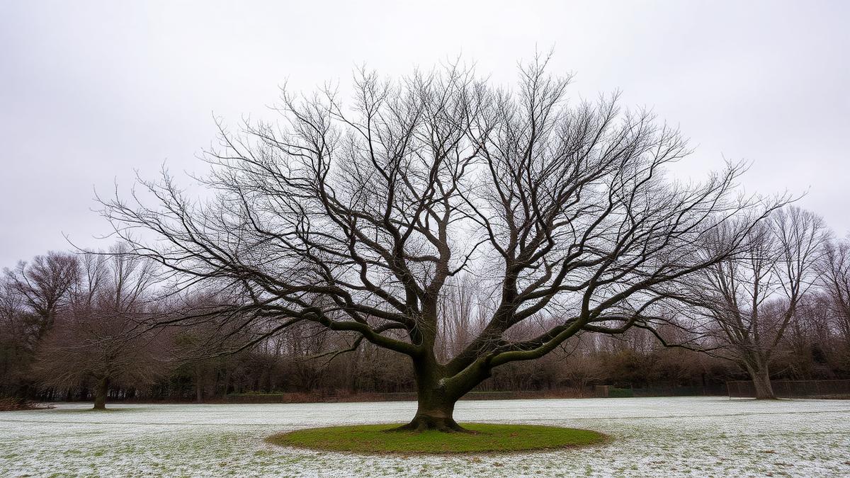 Grand arbre nu taillé dans un jardin givré en hiver