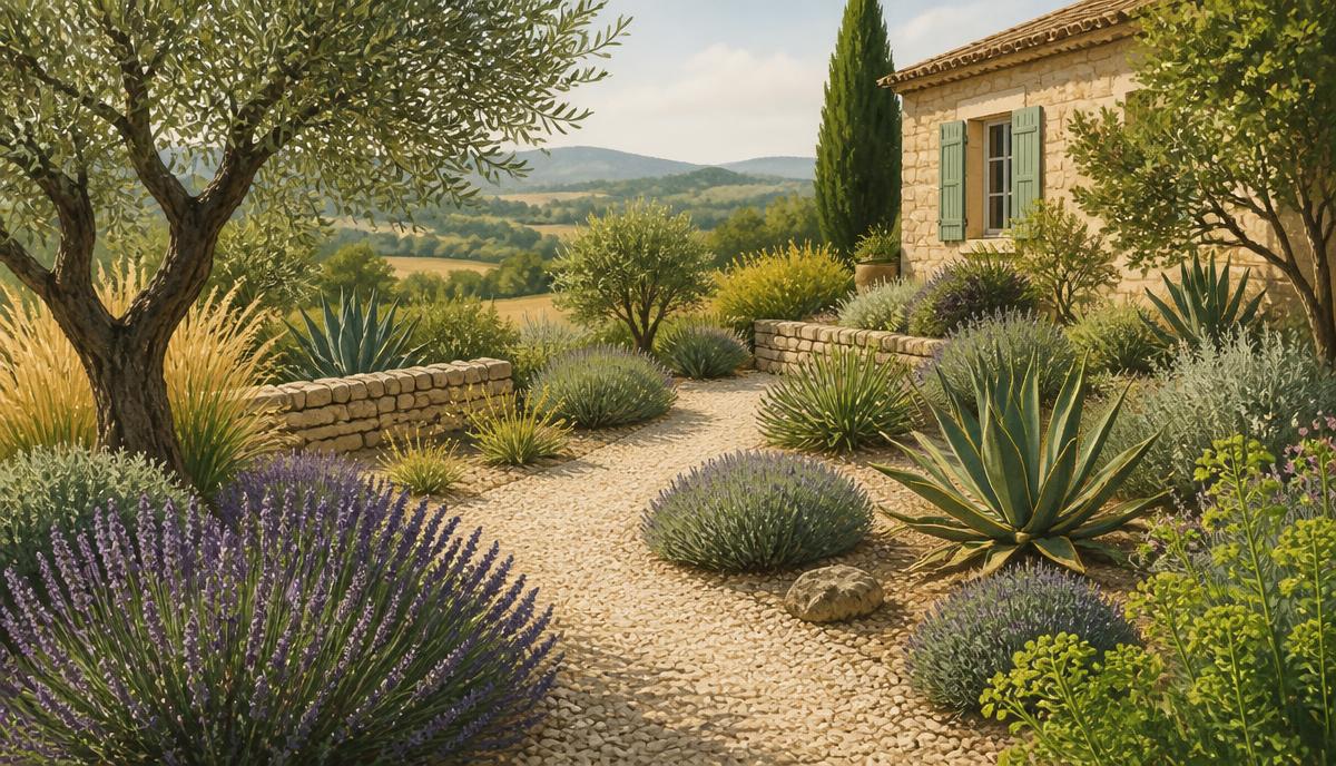 Jardin sec avec gravier, lavandes et plantes méditerranéennes devant une maison en pierre