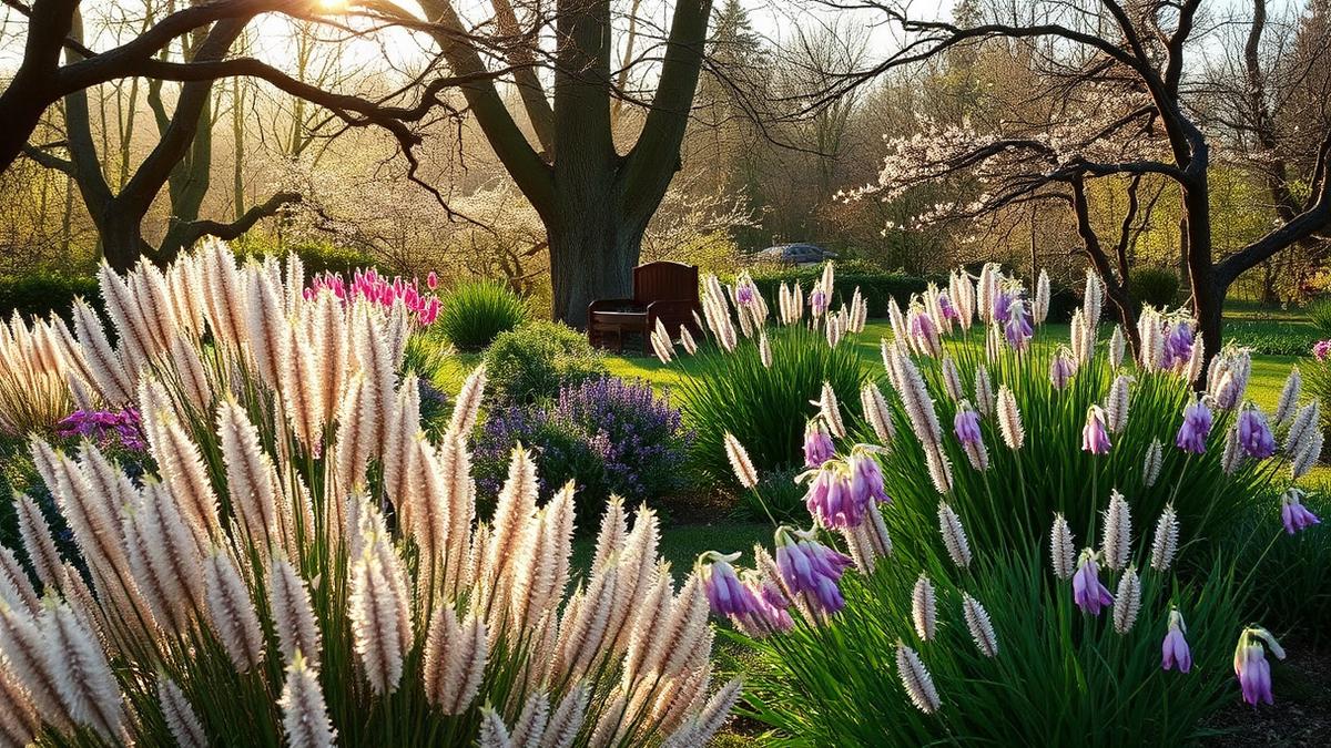 Jardin de campagne en Seine-et-Marne au printemps, pelouse tondue et massifs fleuris