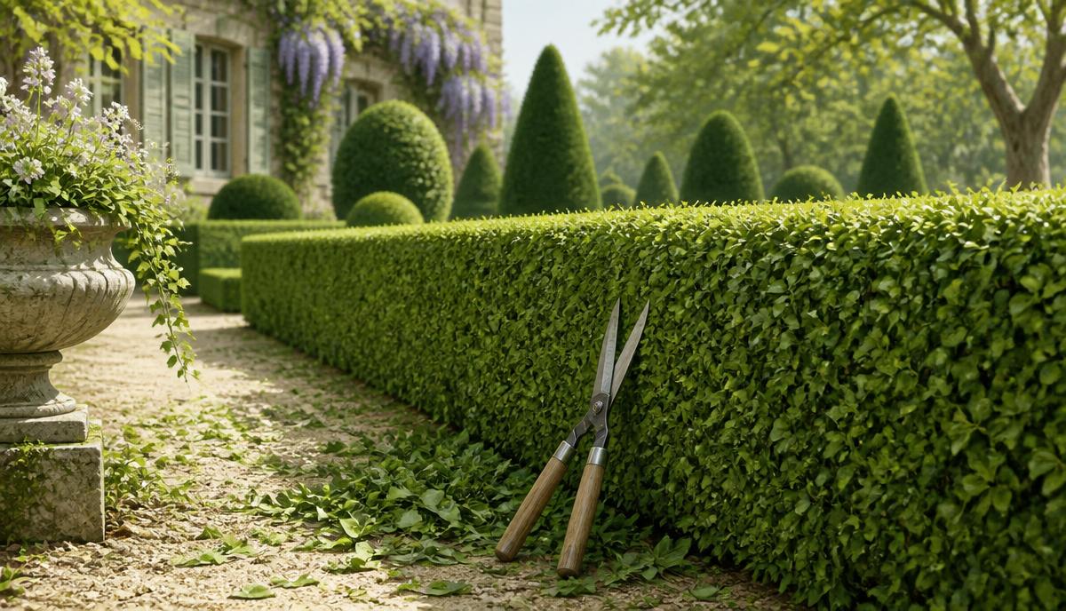 Haie taillée avec cisailles dans un jardin de Seine-et-Marne au printemps