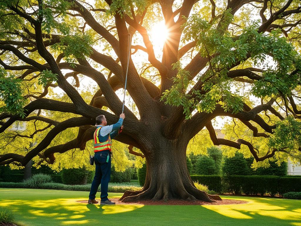 Arboriste grimpant en sécurité pour élaguer un grand arbre