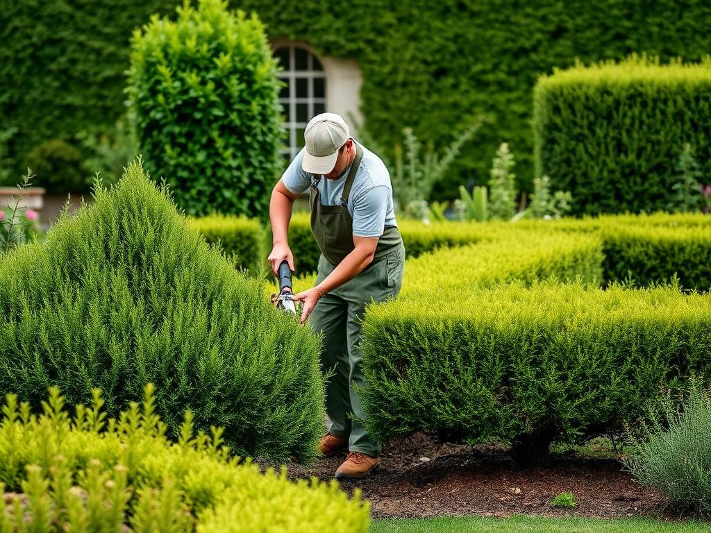 Paysagiste taillant une haie dans un jardin bien entretenu
